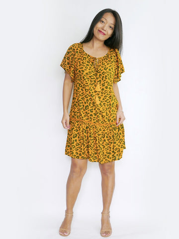 RISAIA - Dress Amor (Leo Print) Short - Mustard