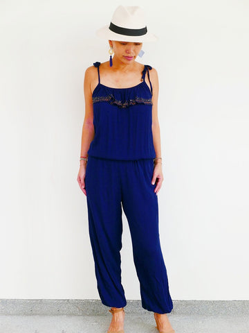 RISAIA - Jumpsuit Olivia Navy (With Tassel Belt)