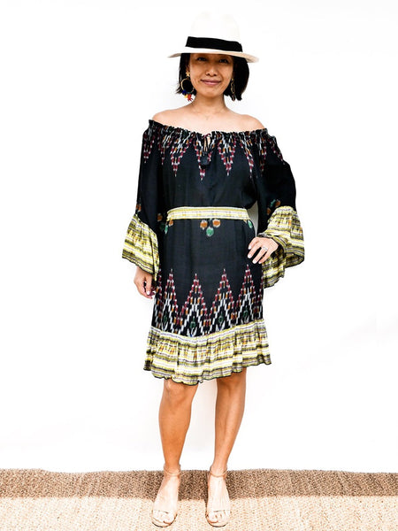 RISAIA - Dress Tilly Ikat Black (With Fabric Belt)