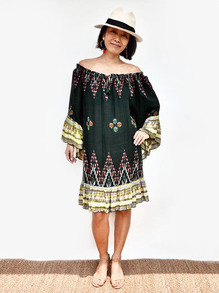 RISAIA - Dress Tilly Ikat Black (With Fabric Belt)